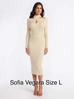sofia by sofia vergara Cream Twist Front Cutout Ribbed Midi Sweater Dress NWT L